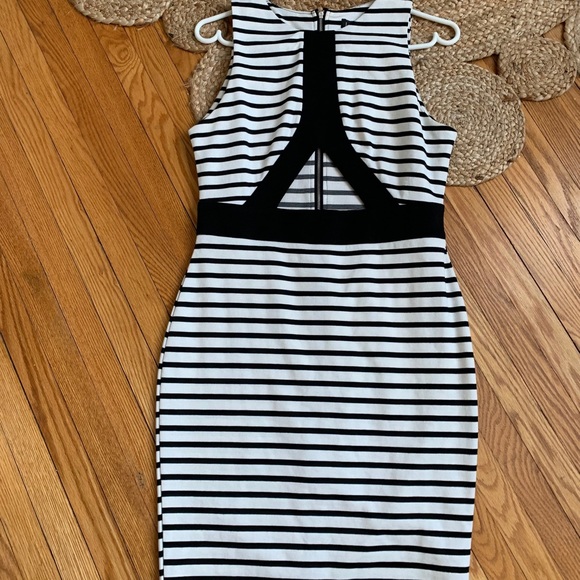Black and White Striped Cutout Bodycon Dress - Picture 1 of 4